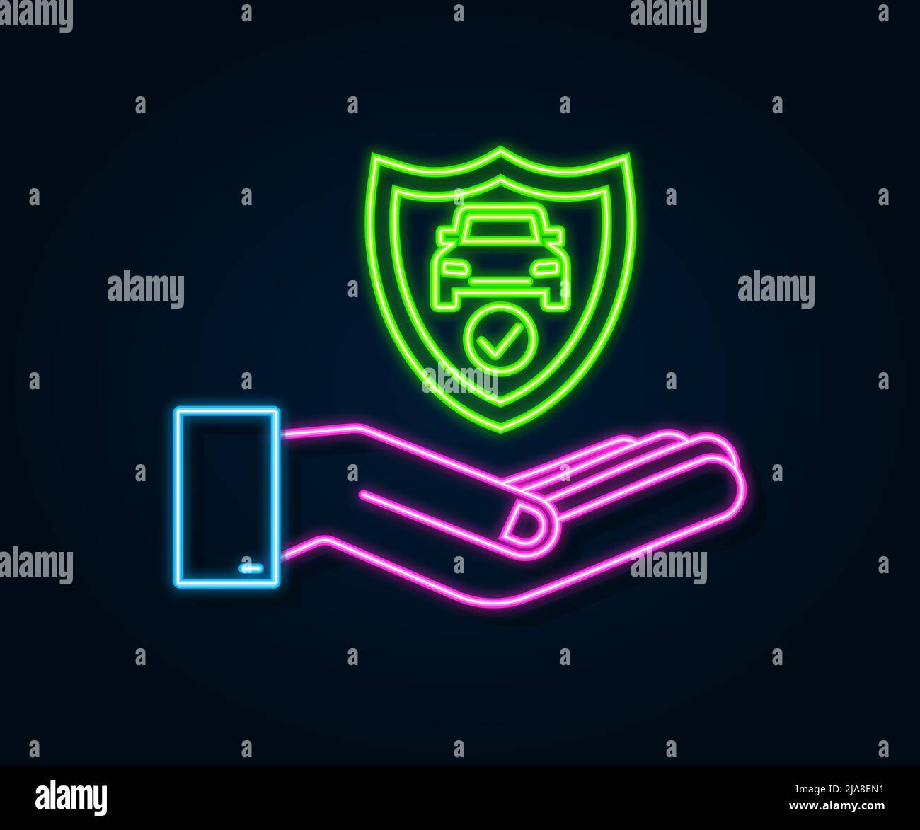 Neon car insurance contract document over hands. Shield icon ...
