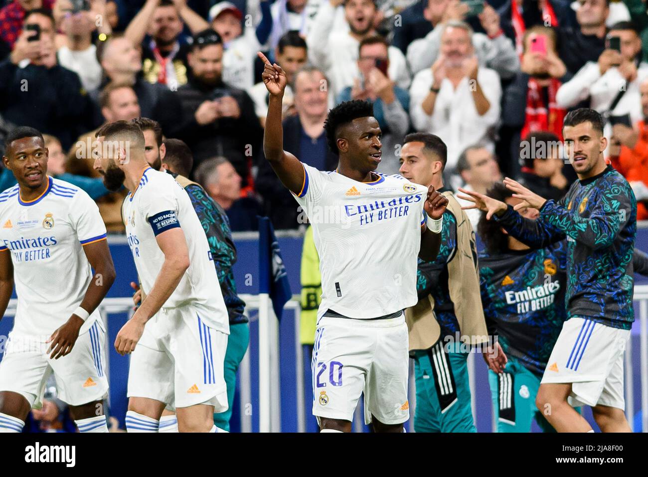 Paris, France - May 28: Vinicius Junior of Real Madrid CF (C) celebrating  his goal with his teammates during the UEFA Champions League final match  between Liverpool FC and Real Madrid at