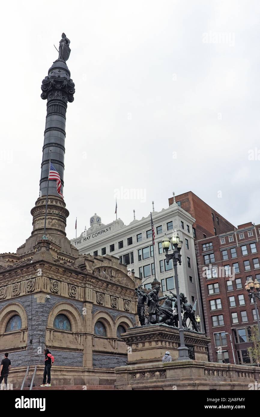 Unveiled in 1894, the Soldiers and Sailors Monument, honoring Civil War fallen Cuyahoga County residents, has been a fixture of Public Square since. Stock Photo