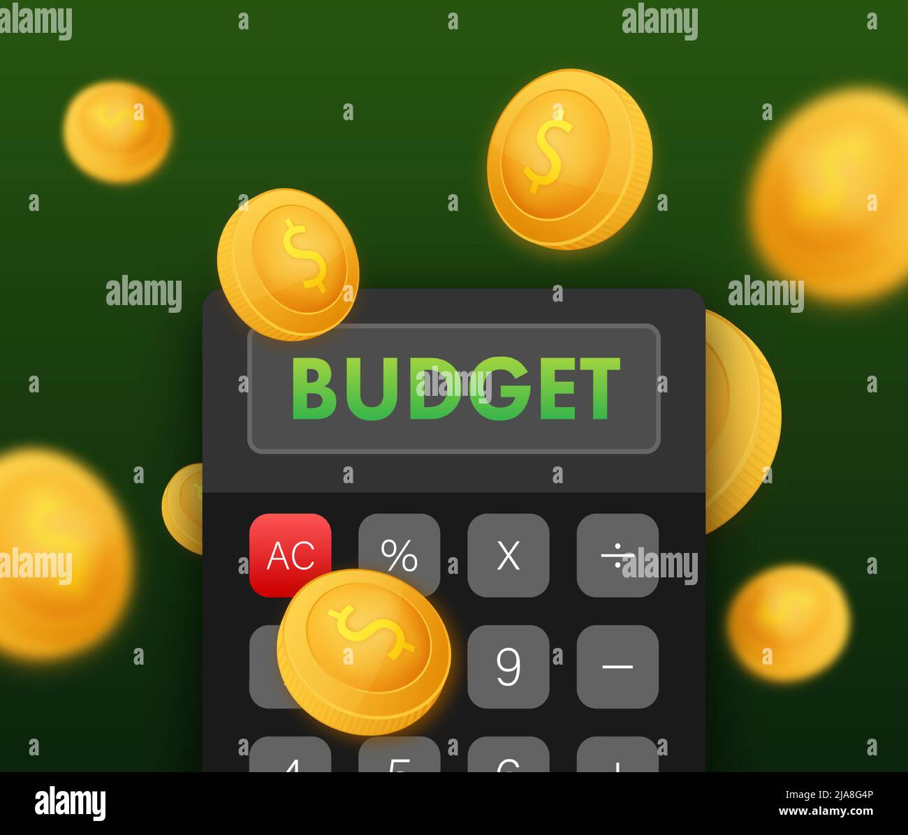 Budget coins calculator. Flat isometric vector illustration. Realistic