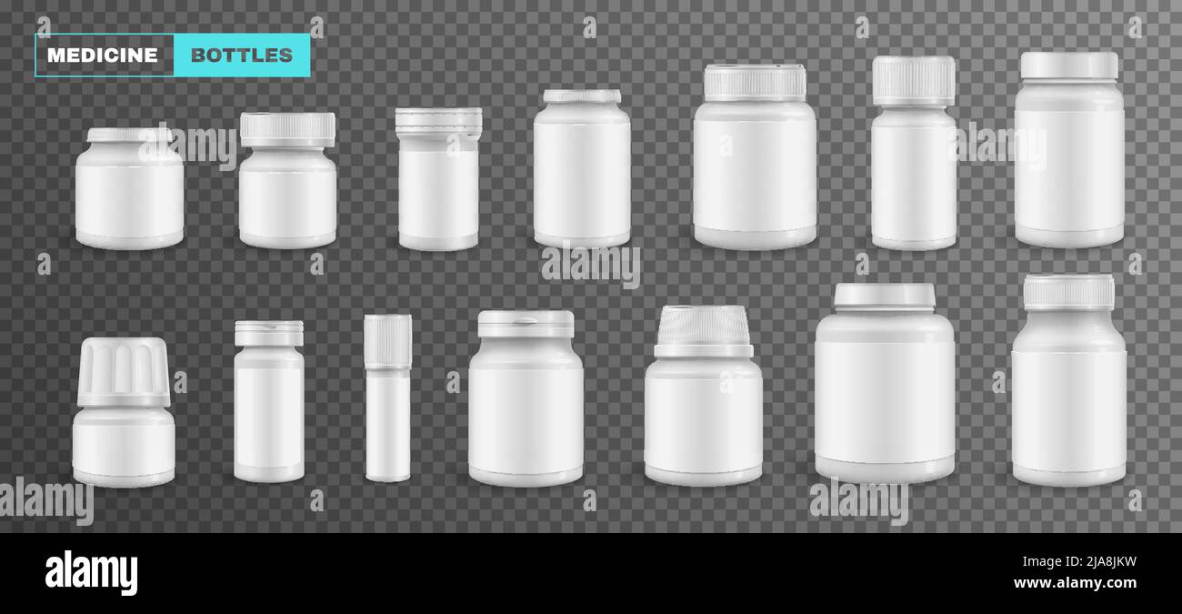 Medicine bottle packaging blank transparent realistic set isolated