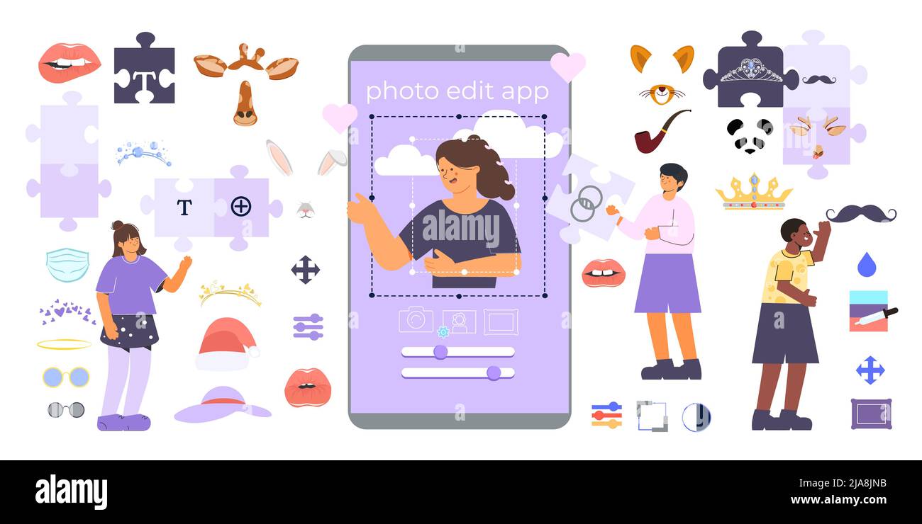 Photo edit app set of flat isolated human characters with doodle ...