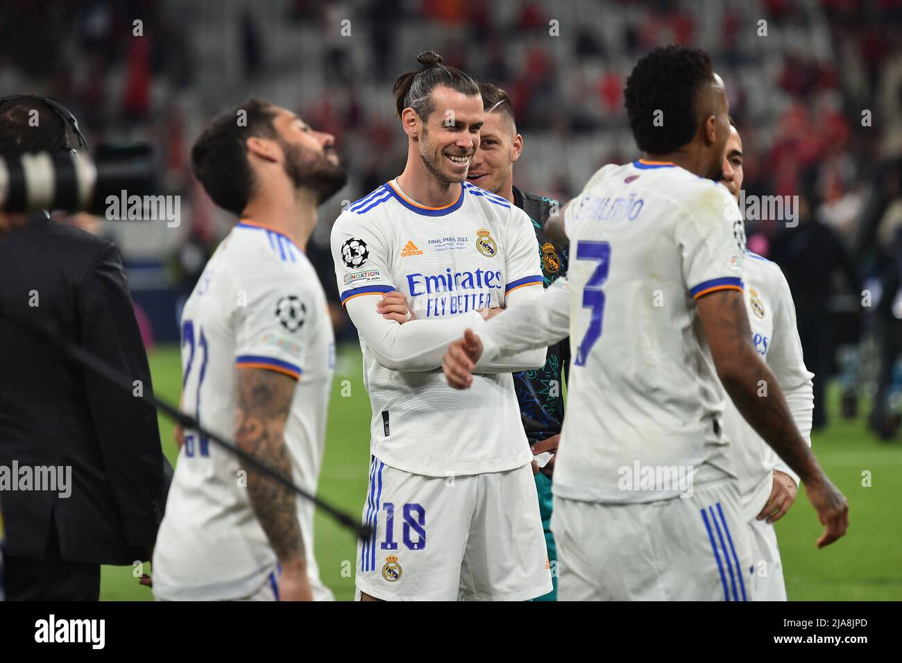 PARIS FRANCE. MAY 28TH Gareth Bale of Real Madrid smiles after the UEFA Champions League Final between Liverpool and Real Madrid at Stade de France Paris on Saturday 28th May 2022. Credit