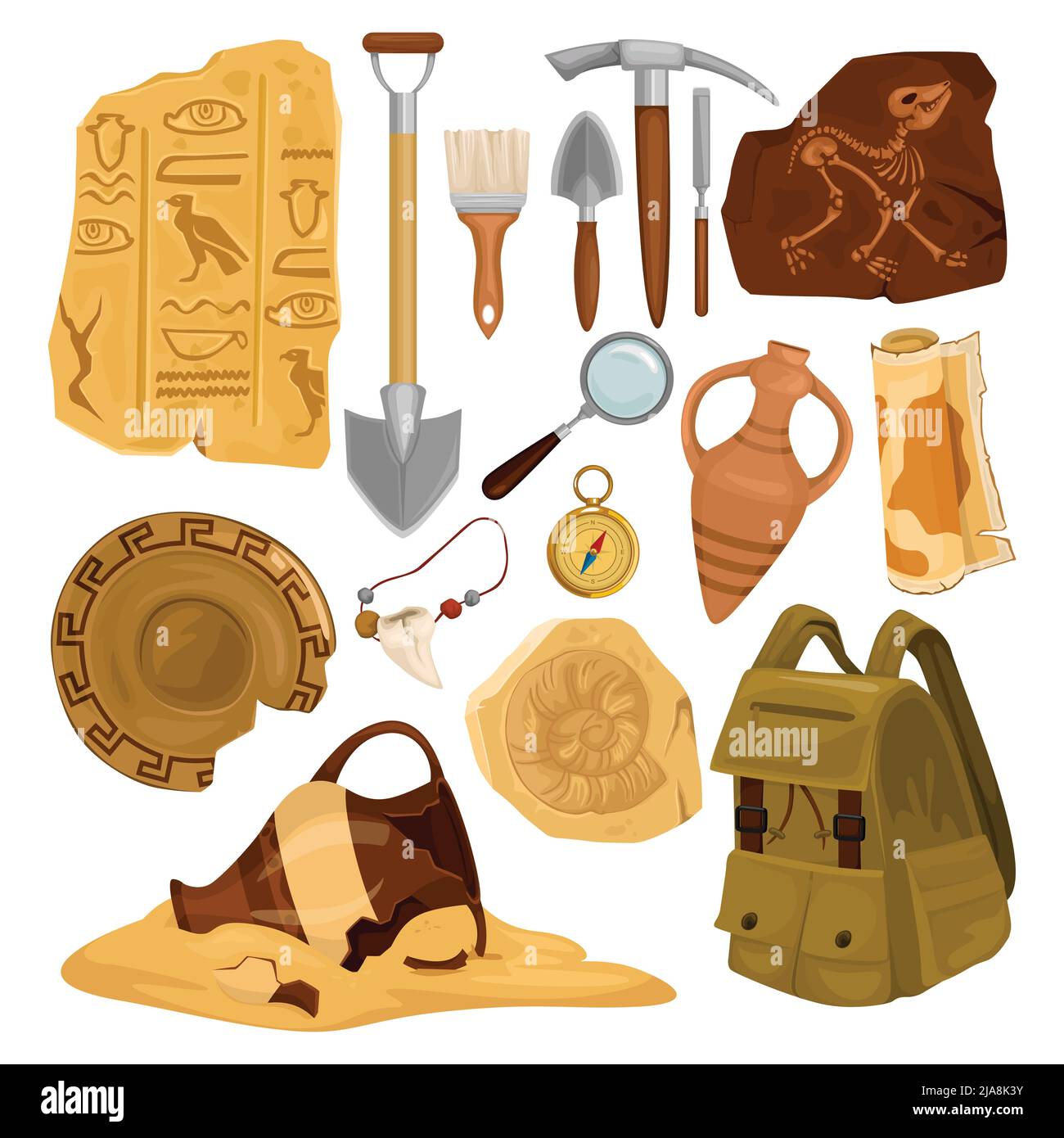 Set with isolated archeology ancient artifacts icons with images of digging tools and elements of antiquity vector illustration Stock Vector