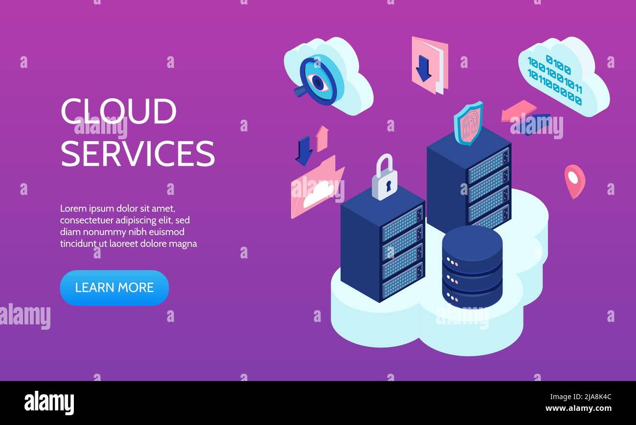 Cloud technology horizontal banner with cloudservices symbols isometric vector illustration Stock Vector