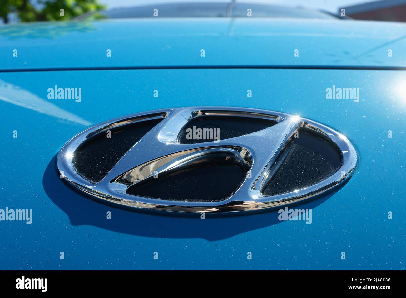 Bucharest, Romania May 20, 2020 A blue Hyundai KONA Electric car