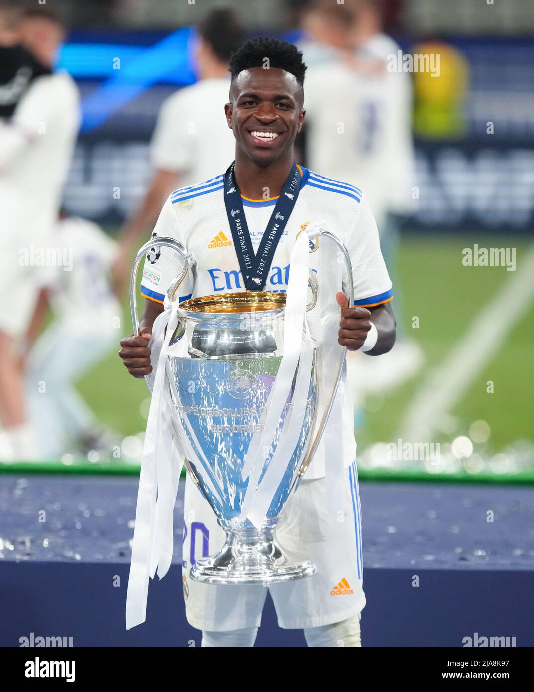 Real Madrid's Vinicius Junior with the trophy after the UEFA Champions League Final at the Stade de France, Paris. Picture date: Saturday May 28, 2022. Stock Photo