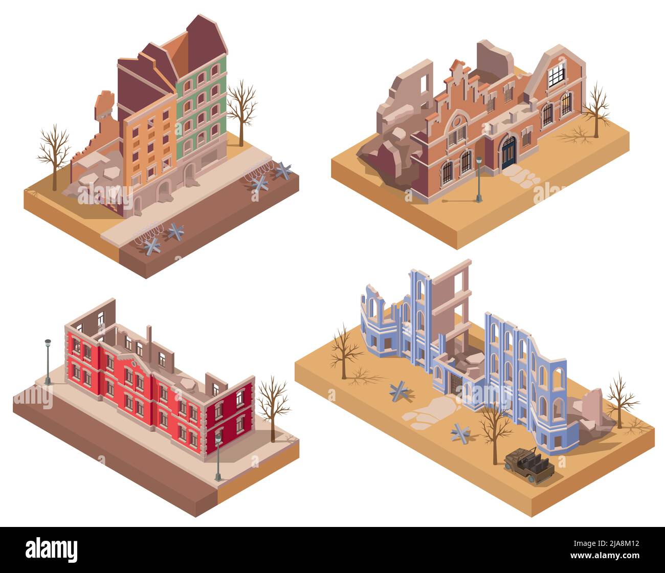 Ruined destroyed post apocalyptic buildings isometric set isolated vector illustration Stock Vector
