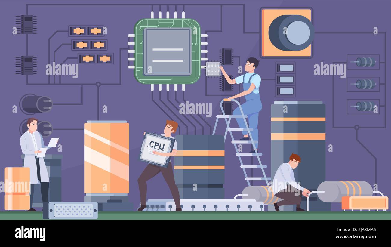 Micro chips assembly background with cpu symbols flat vector illustration Stock Vector