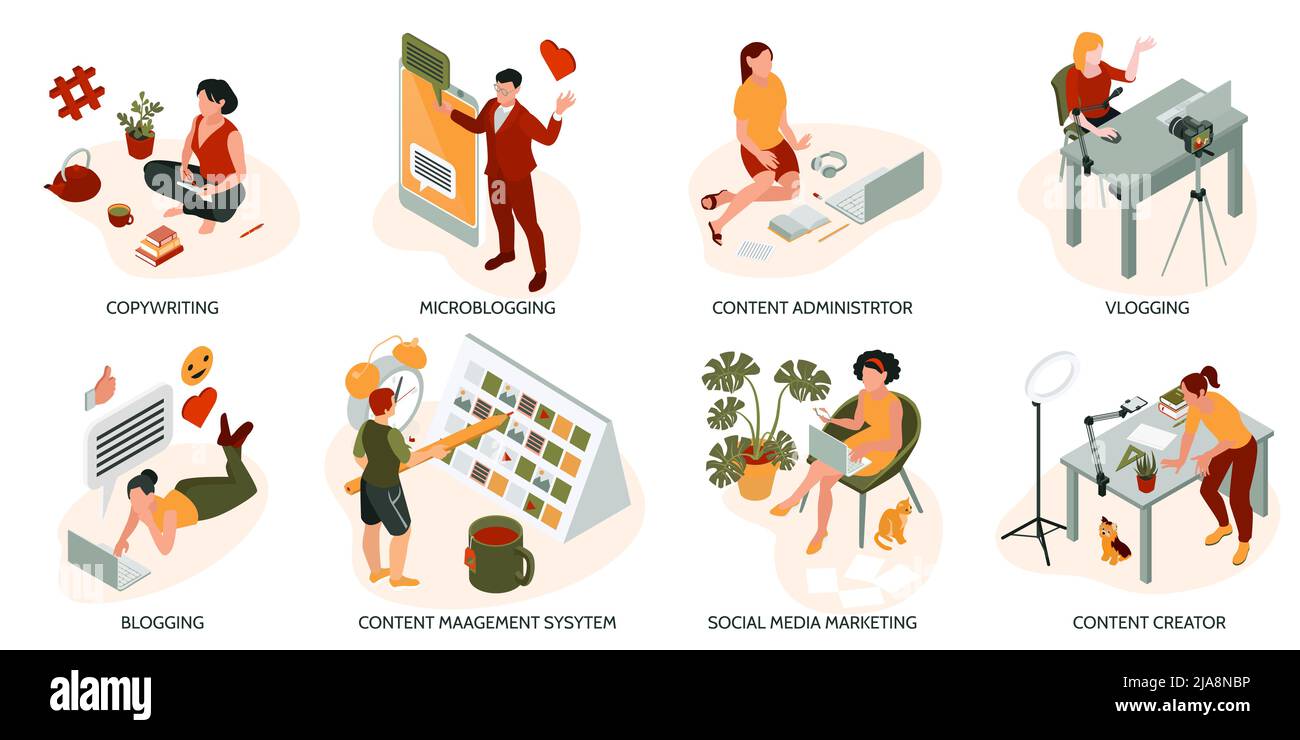 Isometric content manager composition set with copywriting microblogging content administrator vlogging blogging and other descriptions vector illustr Stock Vector