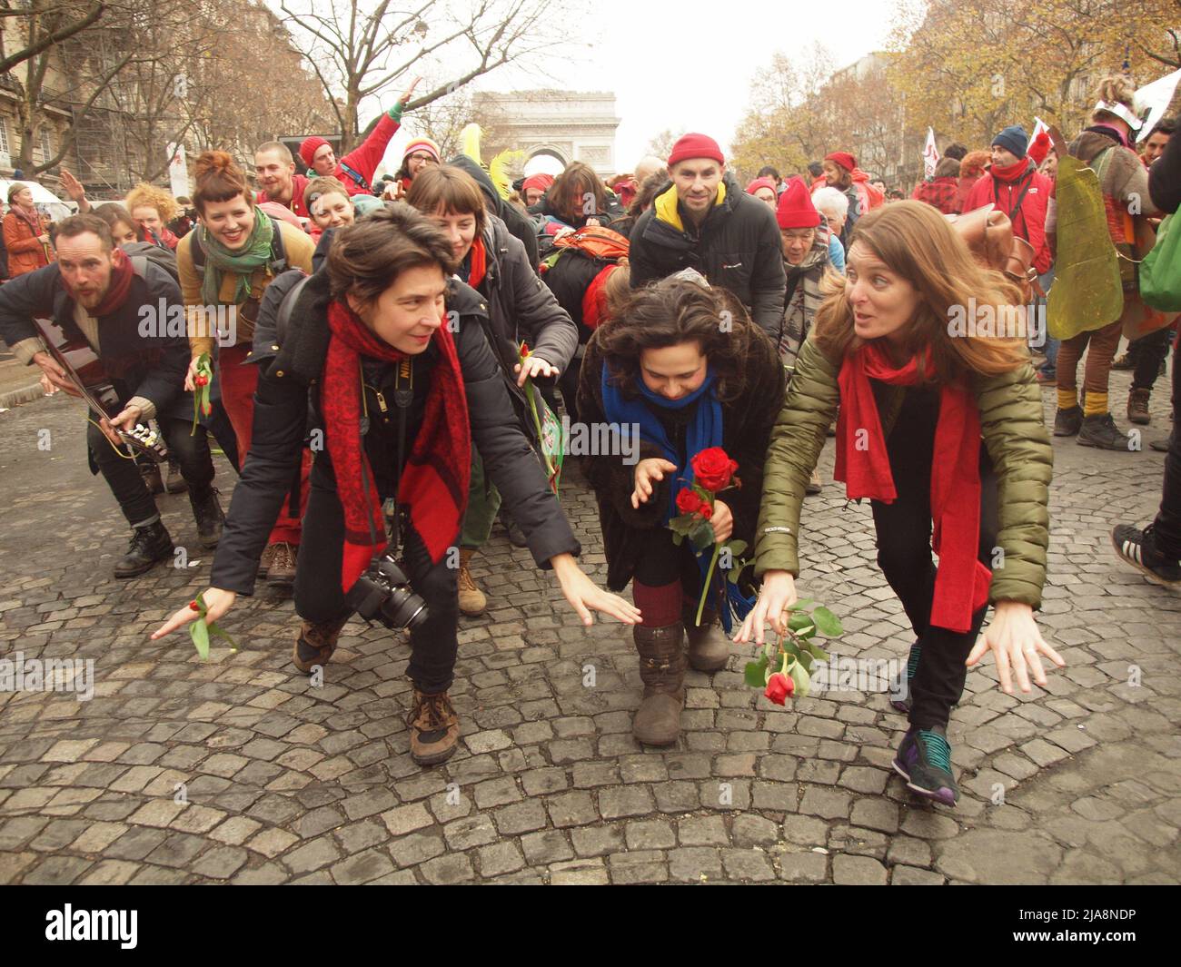 Paris, France, on December 12th, 2016, thousands took the streets and rally for a  fair  global agreement  at COP21 negotiations, being held in Le Bourget. They demanded nations to reach the goal fo 1.5° as top for global warming Stock Photo