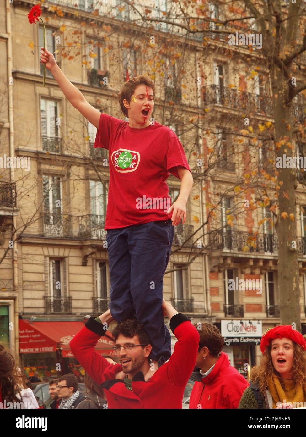 Paris, France, on December 12th, 2016, thousands took the streets and rally for a  fair  global agreement  at COP21 negotiations, being held in Le Bourget. They demanded nations to reach the goal fo 1.5° as top for global warming Stock Photo