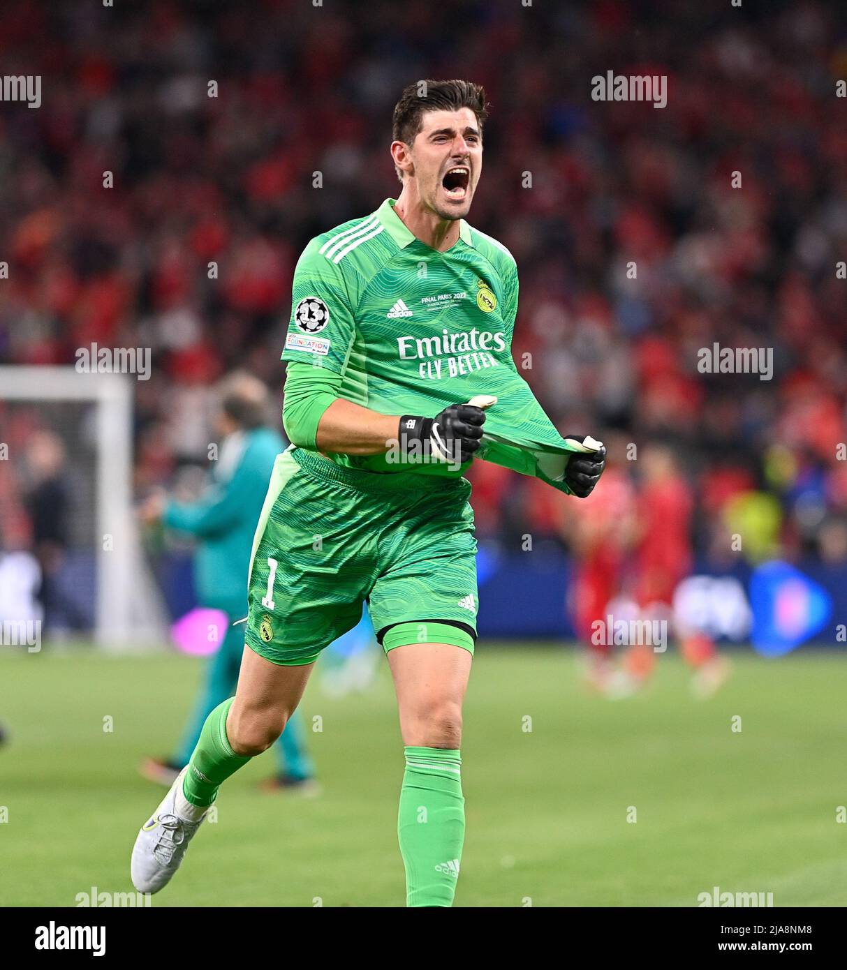 May 28, 2022, Saint-Denis, Ile De France, France: Stade De France Thibaut  Courtois of Real Madrid pictured celebrating after winning the Champions  title during a soccer game between Liverpool Football Club and