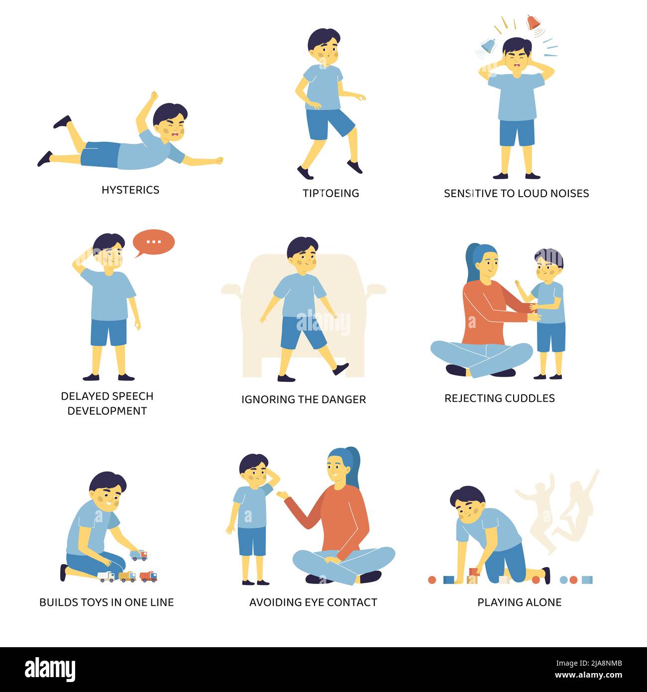 Autism signs flat set of hysterics tiptoeing ignoring danger delayed