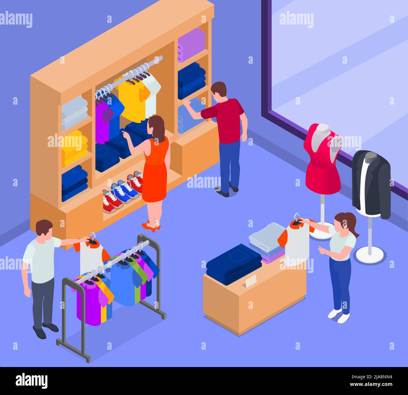 Fast fashion problems isometric infographic composition with indoor view of clothing store boutique with human characters vector illustration Stock Vector