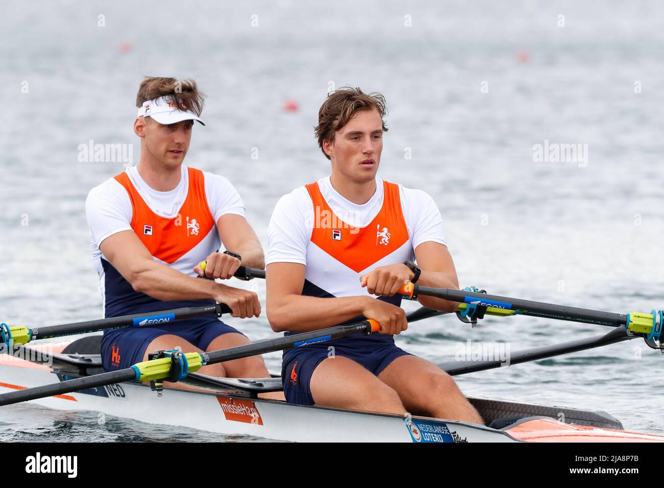 BELGRADE, SERBIA - MAY 28: Guillaume Krommenhoek of the Netherlands and Guus Mollee of the Netherlands compete in the Men's Double Sculls Semifinal A/B 2 during the World Rowing Cup at the Sava Lake on May 28, 2022 in Belgrade, Serbia (Photo by Nikola Krstic/Orange Pictures) Stock Photo