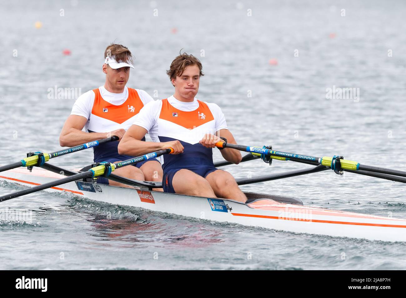 BELGRADE, SERBIA - MAY 28: Guillaume Krommenhoek of the Netherlands and Guus Mollee of the Netherlands compete in the Men's Double Sculls Semifinal A/B 2 during the World Rowing Cup at the Sava Lake on May 28, 2022 in Belgrade, Serbia (Photo by Nikola Krstic/Orange Pictures) Stock Photo