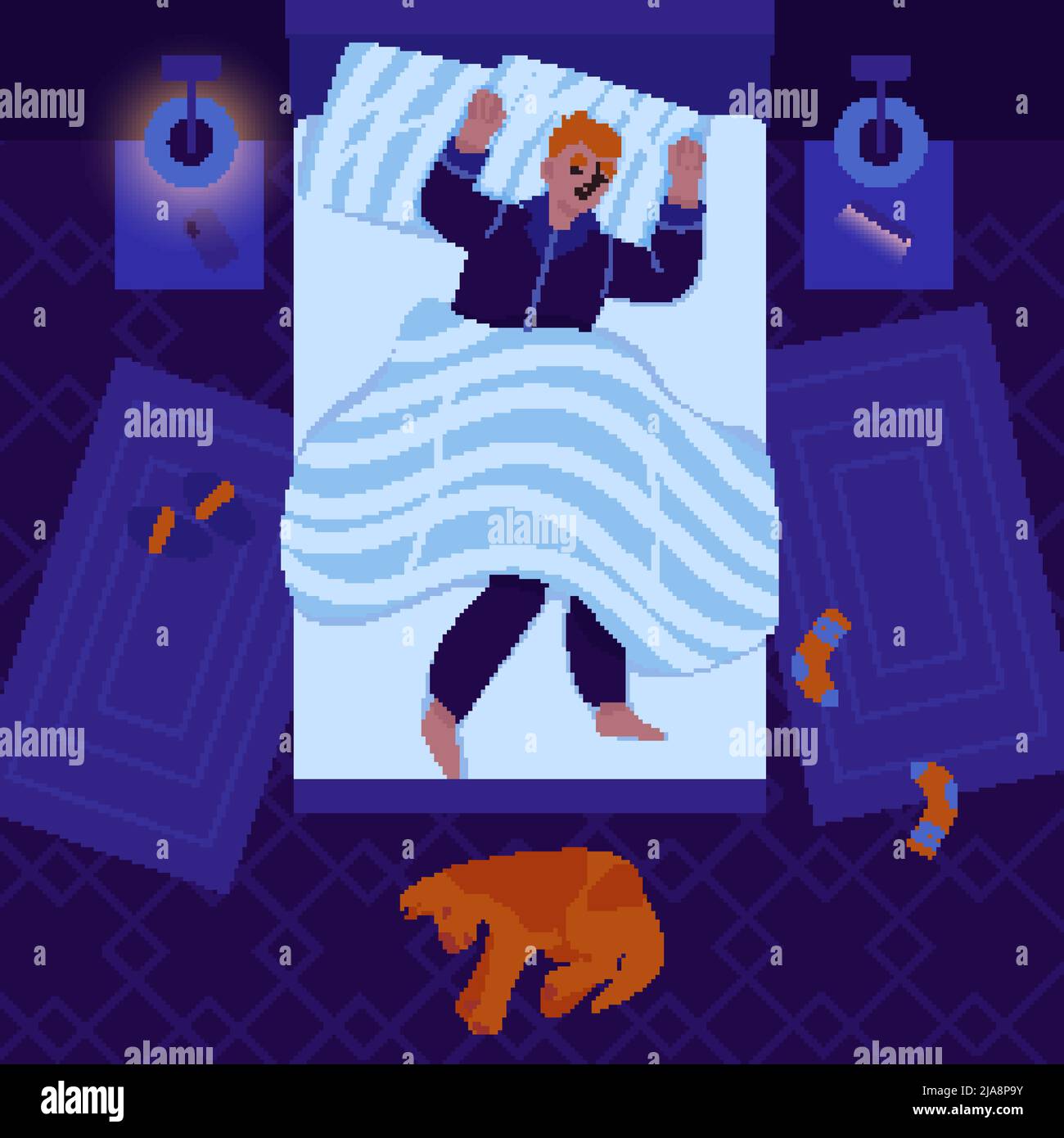 Relaxed man sleeping in bedroom with his dog at night top view flat vector illustration Stock Vector