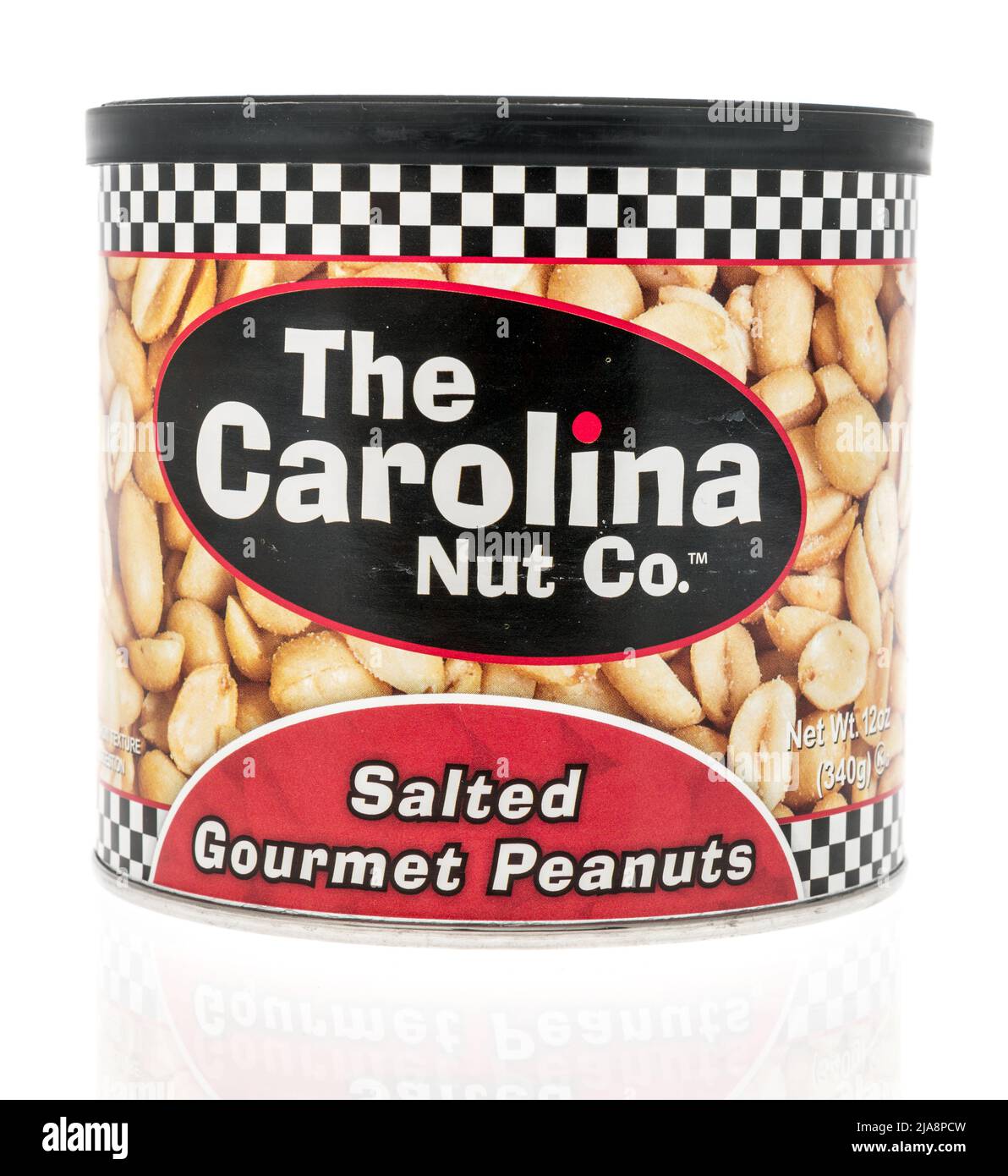Winneconne, WI -23 April 2022: A can of The carolina nut co salted gourmet peanuts on an isolated background Stock Photo