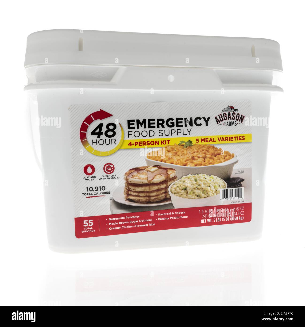 Winneconne, WI -23 April 2022: A package of Augason farms emergency food supply on an isolated background Stock Photo