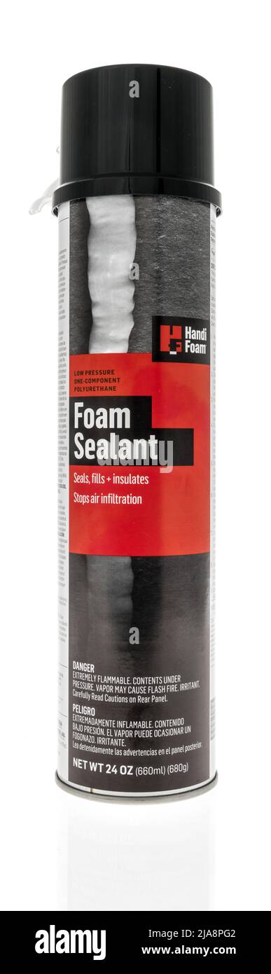 Winneconne, WI -23 April 2022: A can of Handi Foam spray foam sealant on an isolated background Stock Photo