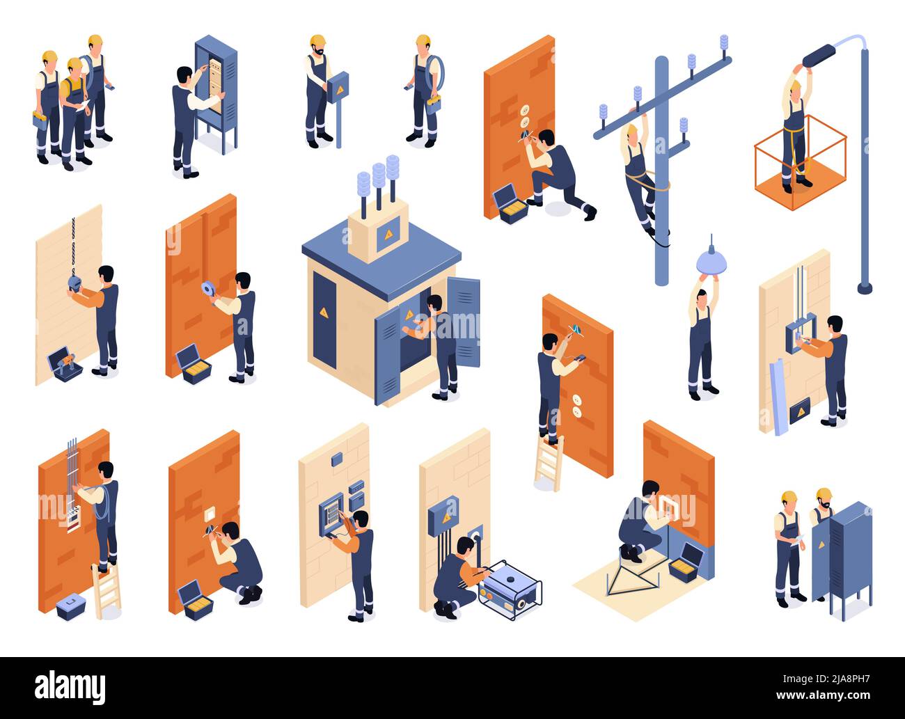 Technicians performing electrical works outdoors and indoors isometric ...