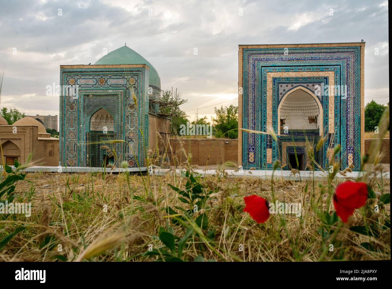 Fantastic architectural memorial complex Shakhi-Zinda- moorish art,  a Muslim complex (mosques) in Samarkand ( ancient capital of Amir Temur, Tamerlan Stock Photo