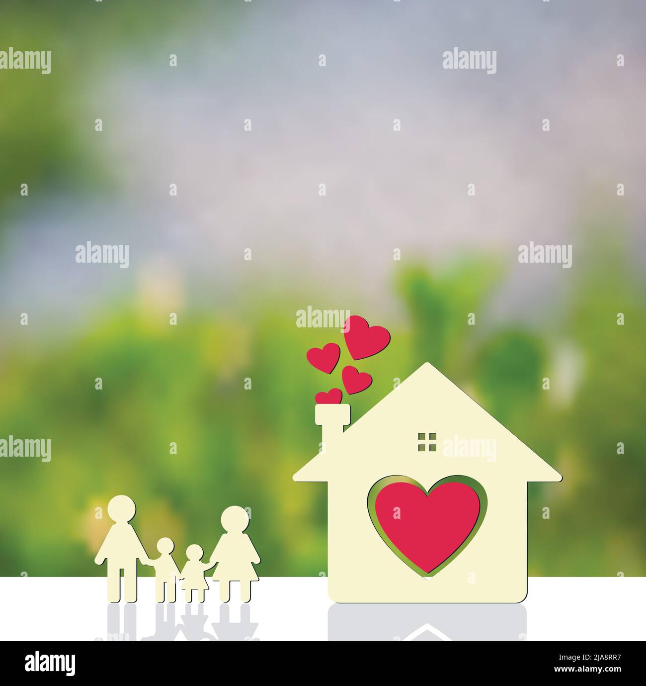 Happy family at home Mom and Dad stand holding hands with boys and girls. Home heart on the ground, blurred green background Stock Vector