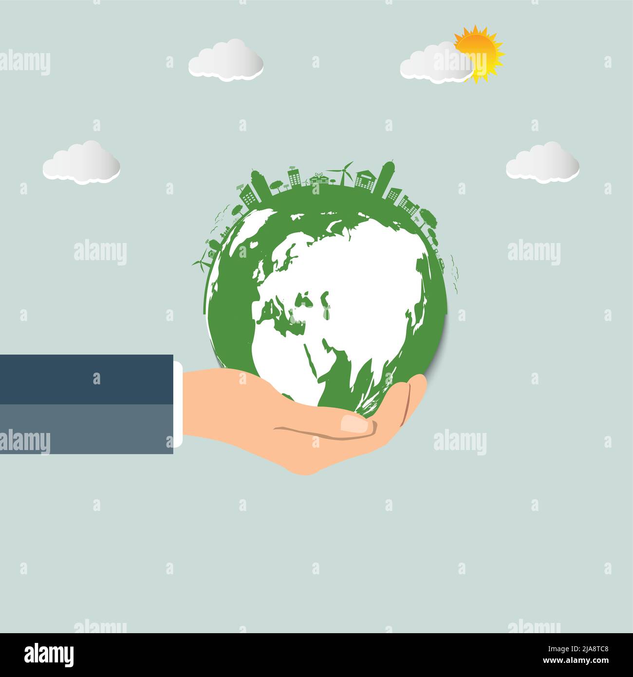 The world in your hands ecology concept.Green cities help the world with eco-friendly concept idea.with globe and tree background.vector illustration Stock Vector