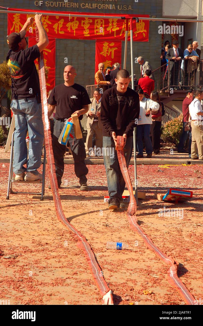 Pyro technicians prepare fireworks for a Chinese New Year Celebration ...