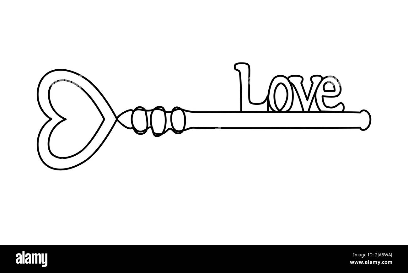 Continuous line heart shaped key. Minimalist illustration, romantic love concept for valentines day. Vector keys element Stock Vector