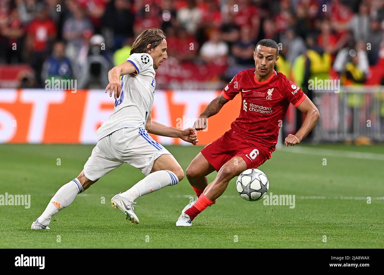 Liverpool's Andrew Robertson heads the ball during the Champions League  final soccer match between Liverpool and Real Madrid at the Stade de France  in Saint Denis near Paris, Saturday, May 28, 2022. (