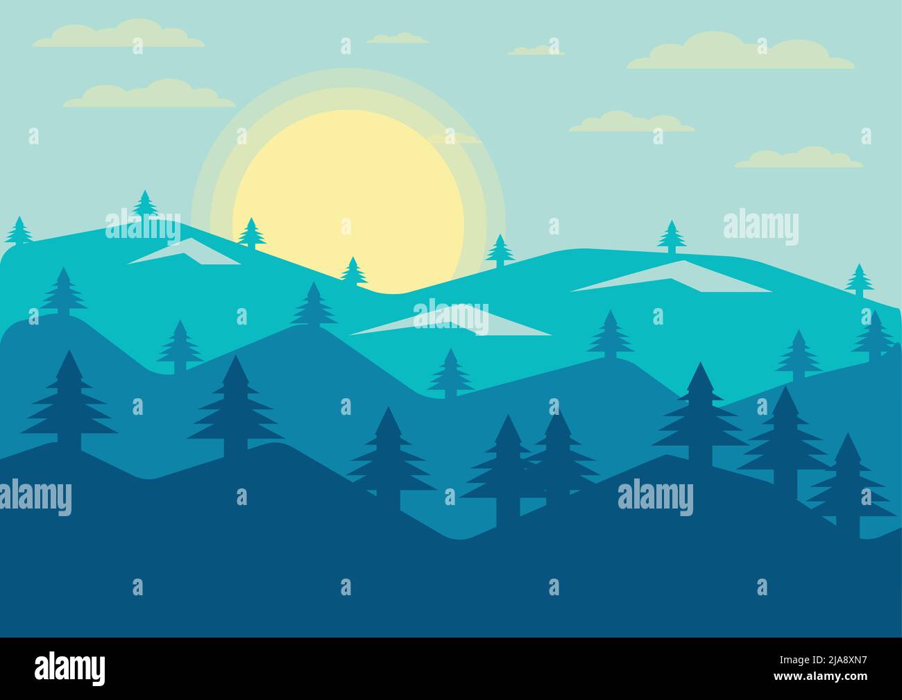 Abstract Landscape pine mountain view evening sun background,Vector llustration Stock Vector