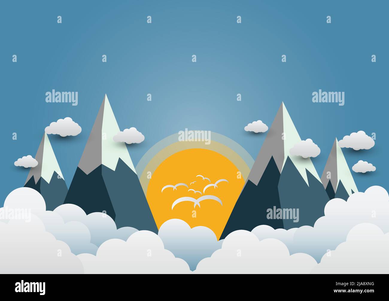 Birds fly to the sun and beautiful mountains with beautiful clouds.paper art,Vector illustration Stock Vector