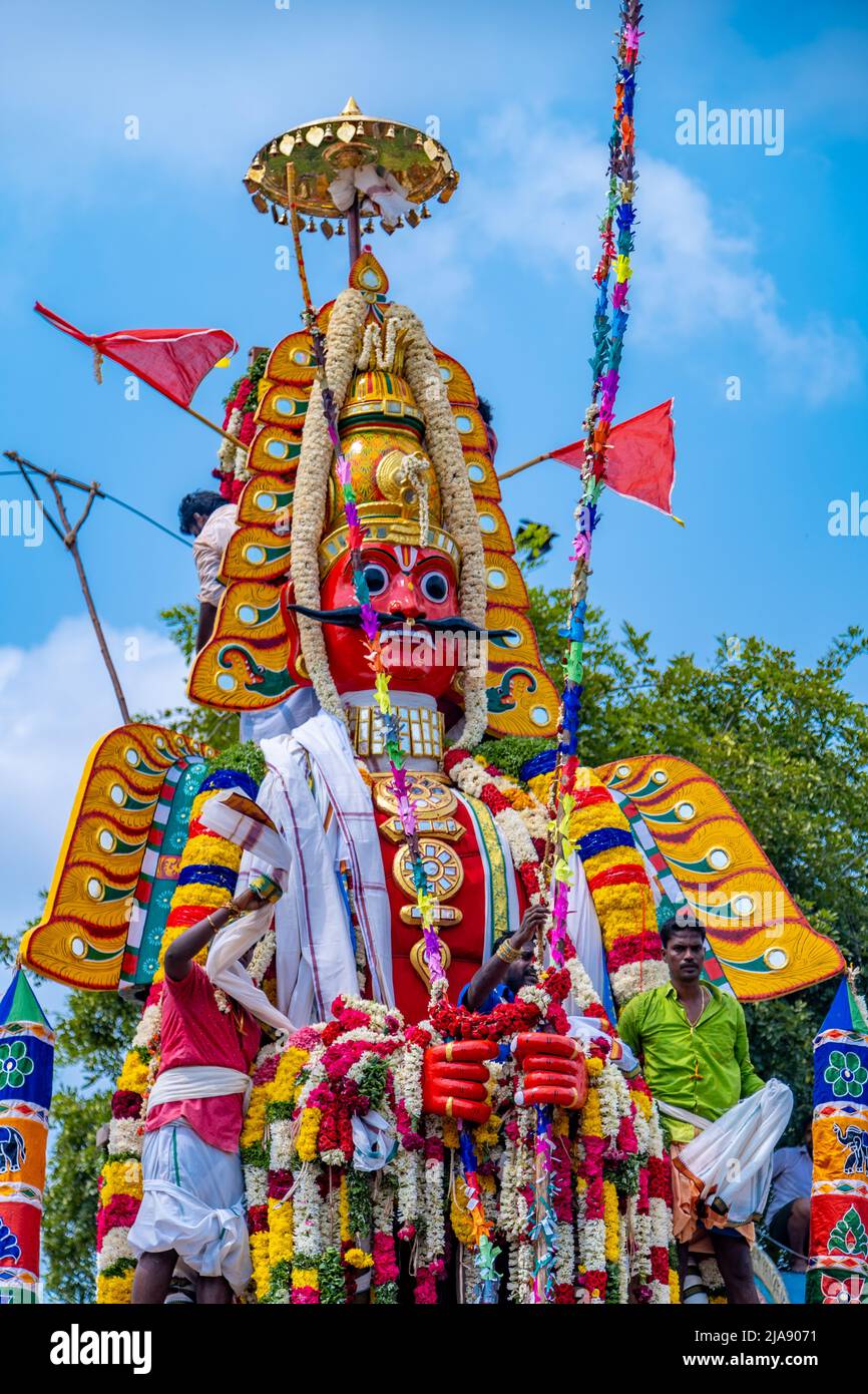 Indian Devotees Pulling The Chariot Of a Hindu Lord Aravan, Indian Culture Stock Photo
