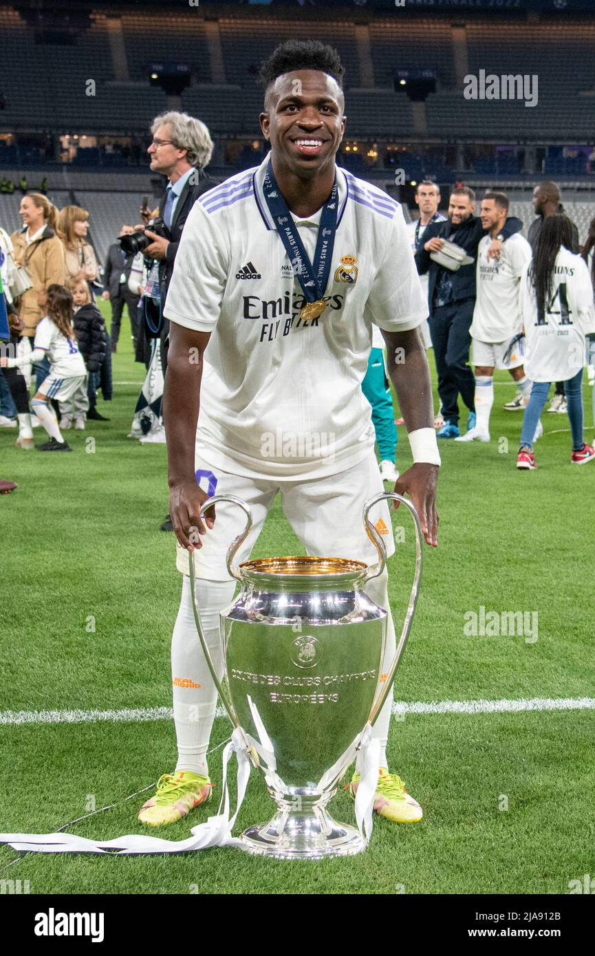Vinicius Junior of Real with a trophy during the UEFA Champions League  Final between Liverpool FC and Real Madrid CF at Stade de France in  Saint-Denis, France on May 28, 2022 (Photo