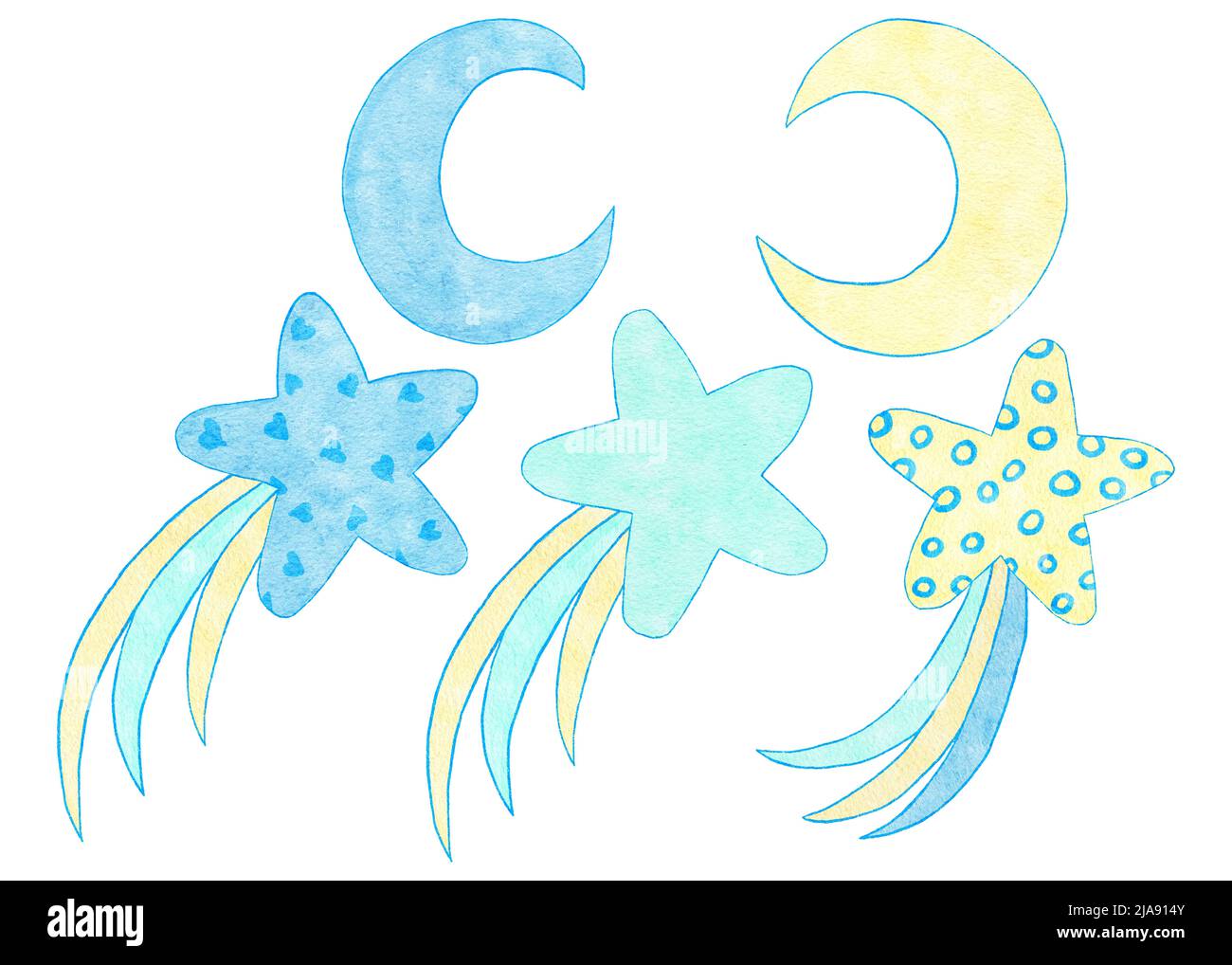 Watercolor hand drawn illustration of blue yellow cute celestial stars moon night sleep. Boy baby shower design for invitations greeting party, nursery clipart is soft pastelcolors modern minimalist print for kids children Stock Photo