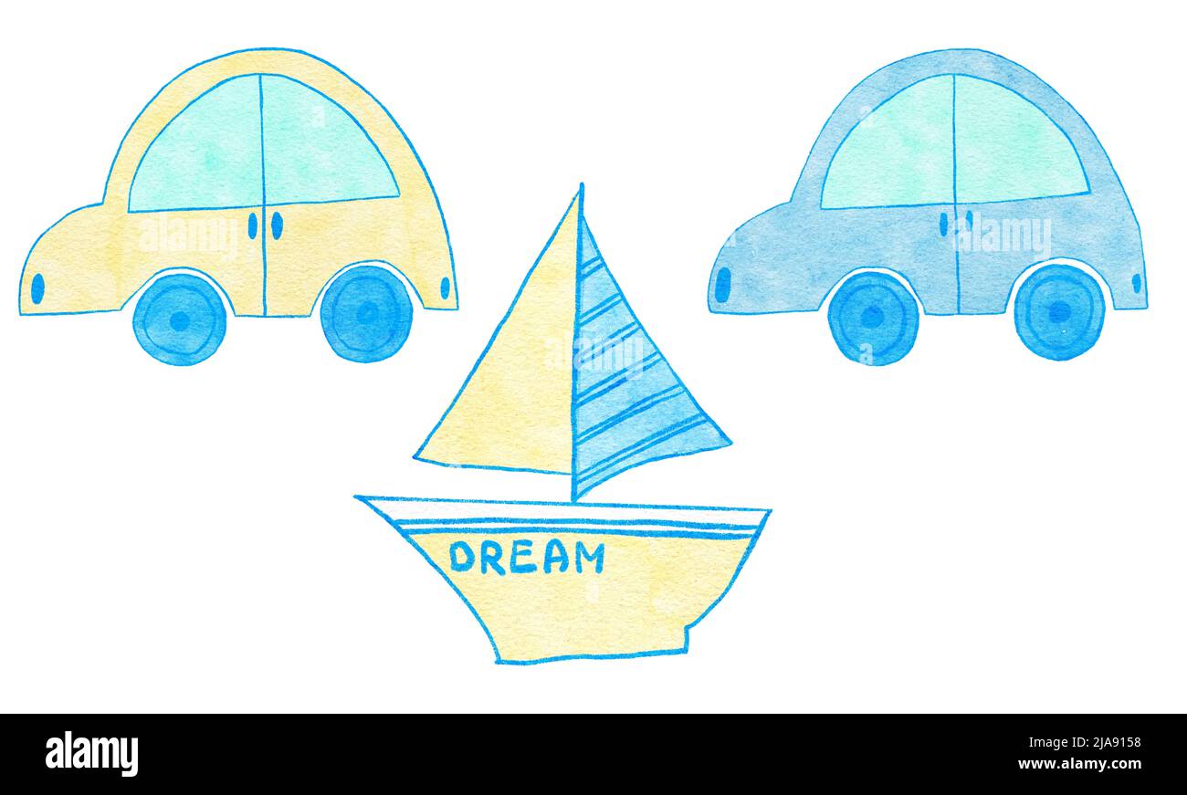 Watercolor hand drawn illustration of blue yellow cute car automobile yacht transport. Boy baby shower design for invitations greeting party, nursery clipart is soft pastelcolors modern minimalist print for kids children Stock Photo