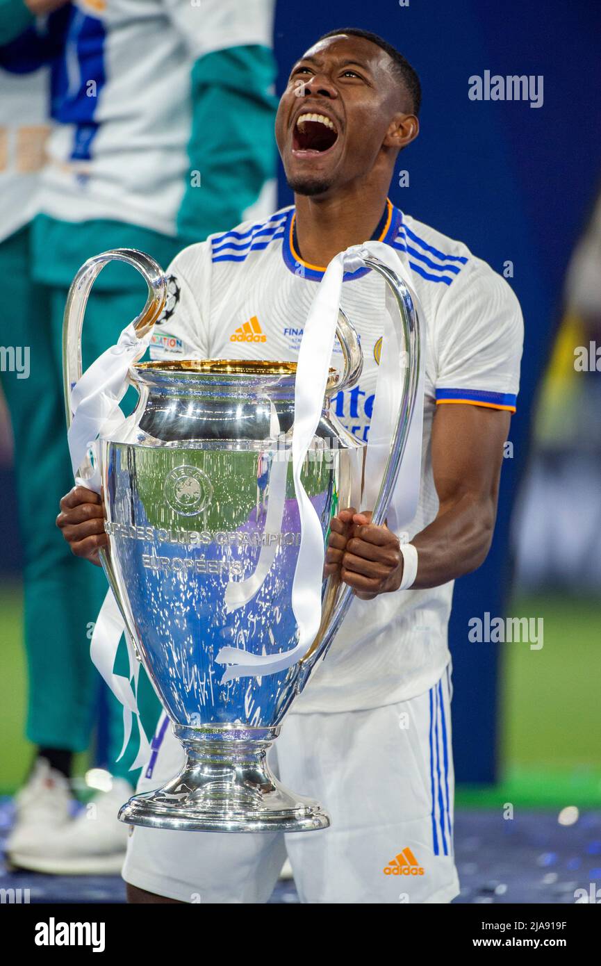David Alaba of Real with a trophy during the UEFA Champions League Final  between Liverpool FC and Real Madrid CF at Stade de France in Saint-Denis,  France on May 28, 2022 (Photo