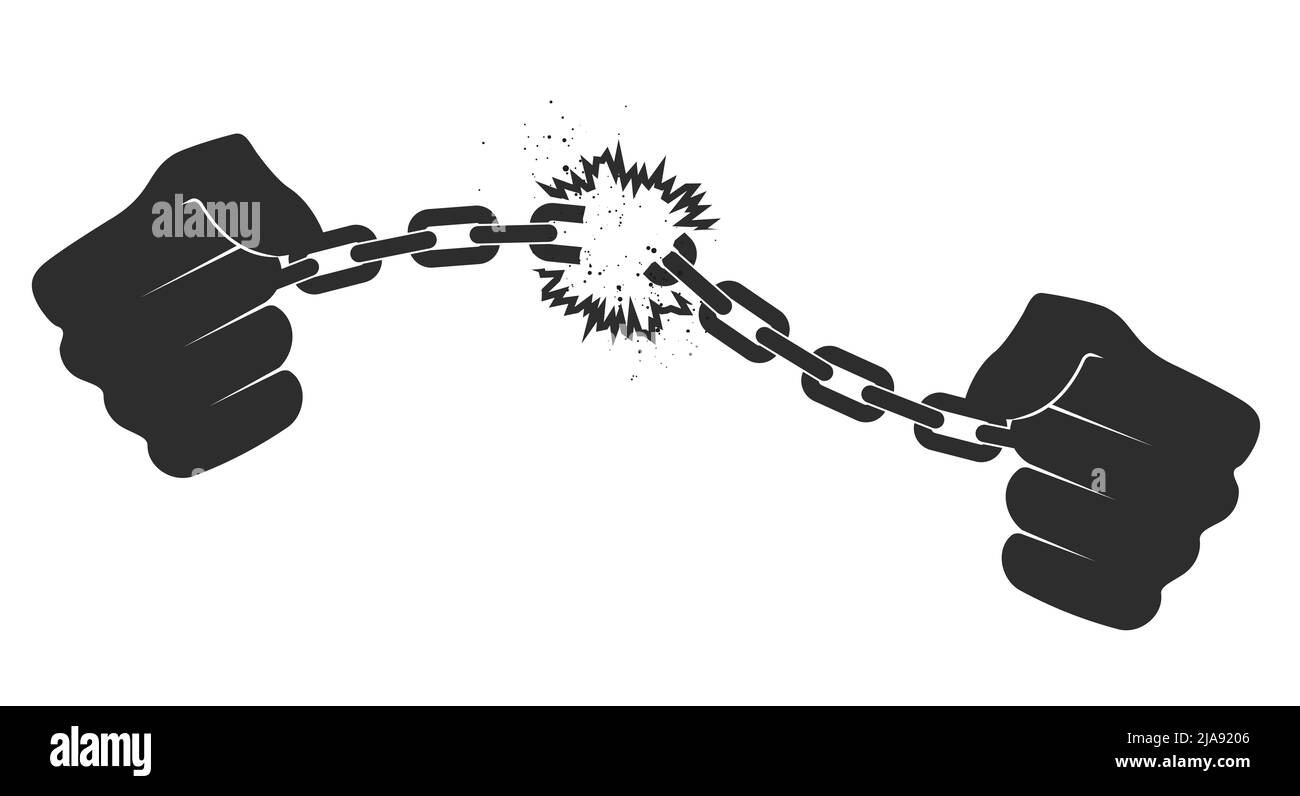 Male hands breaking steel chain handcuffs. Freedom concept. Liberation