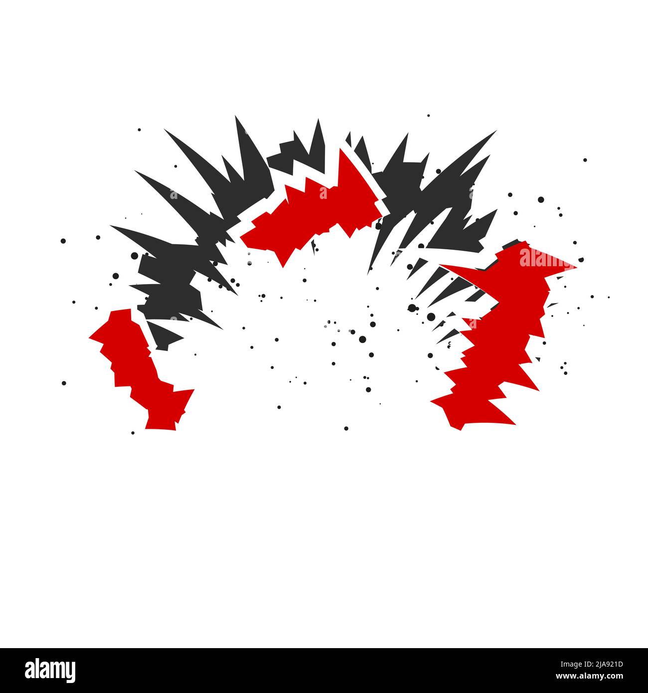 Cartoon explosion with flying particles effect. Radial explosion silhouette. Flat illustration isolated on white background. Stock Photo