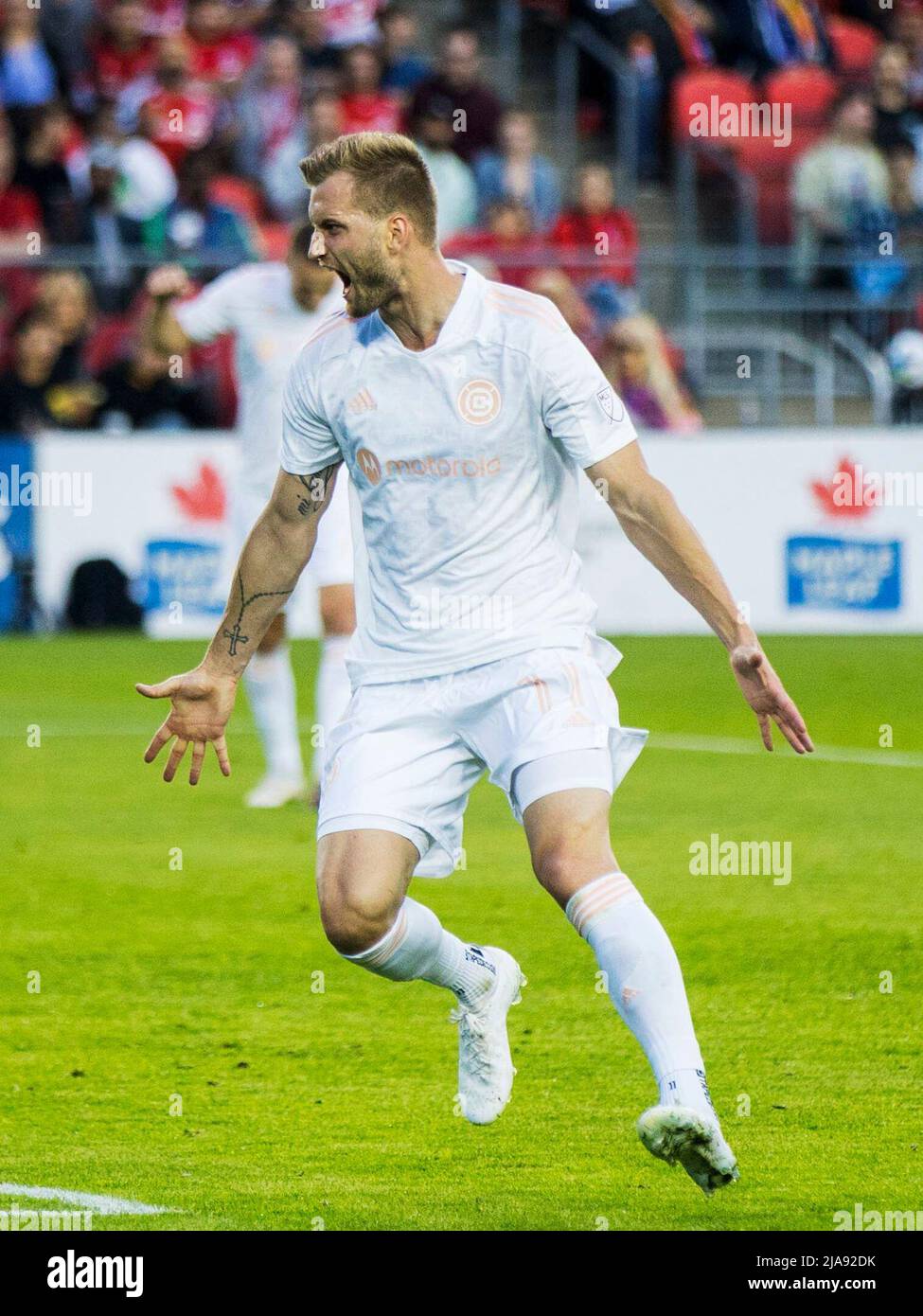 Toronto, Canada. 28th May, 2022. Kacper Przybylko of Chicago Fire celebrates scoring during the 2022 Major League Soccer (MLS) match between Chicago Fire and Toronto FC at BMO Field in Toronto, Canada, on May 28, 2022. Credit: Zou Zheng/Xinhua/Alamy Live News Stock Photo