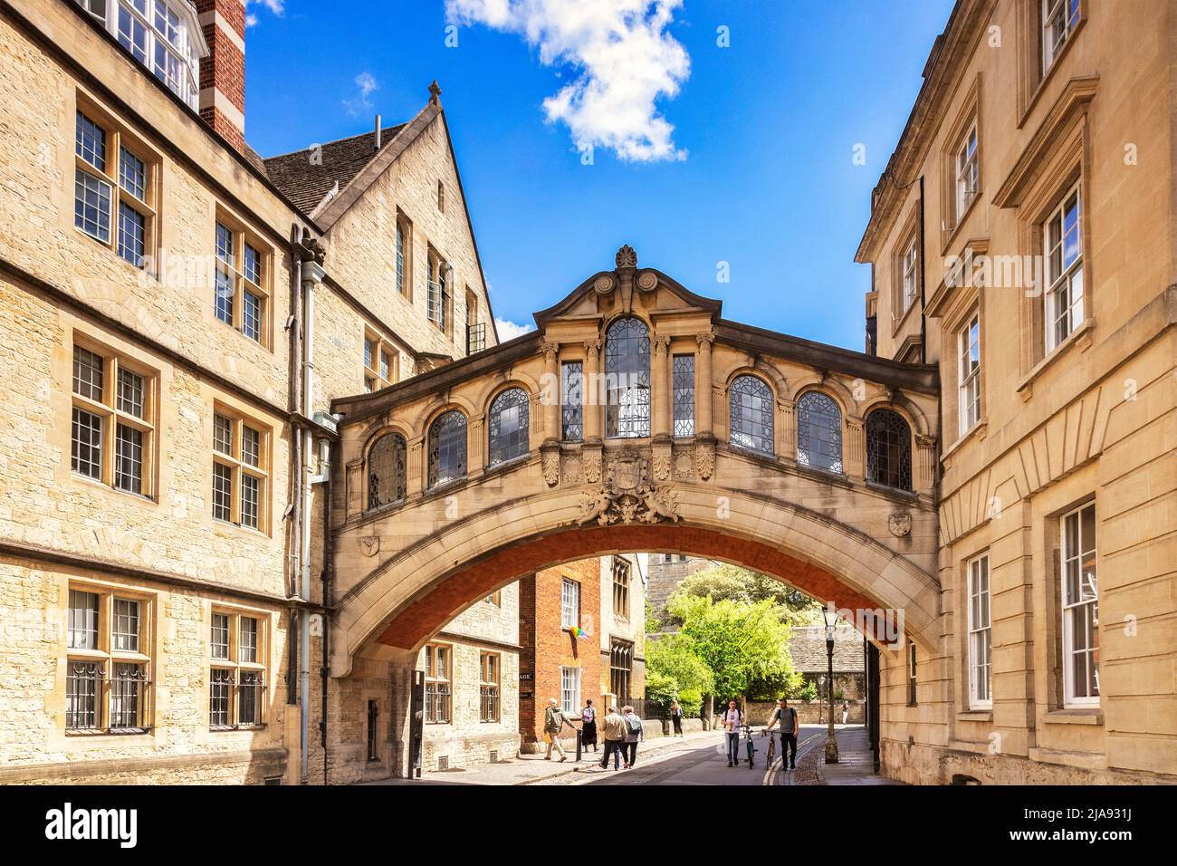 6 June 2019: Oxford, UK - Hertford Bridge, popularly known as the Bridge of Sighs, joins parts of Hertford College across New College Lane. In the... Stock Photo