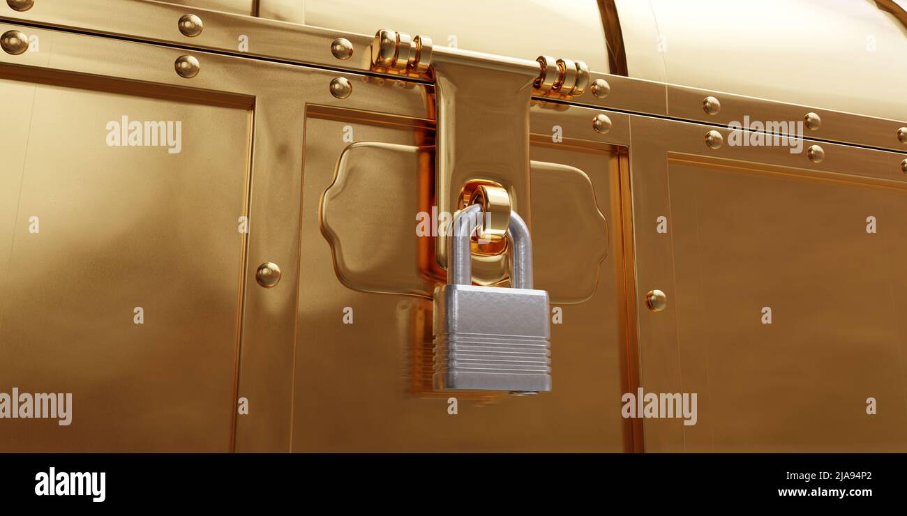 Old golden pirate trunk closed and locked. Treasure chest padlock close