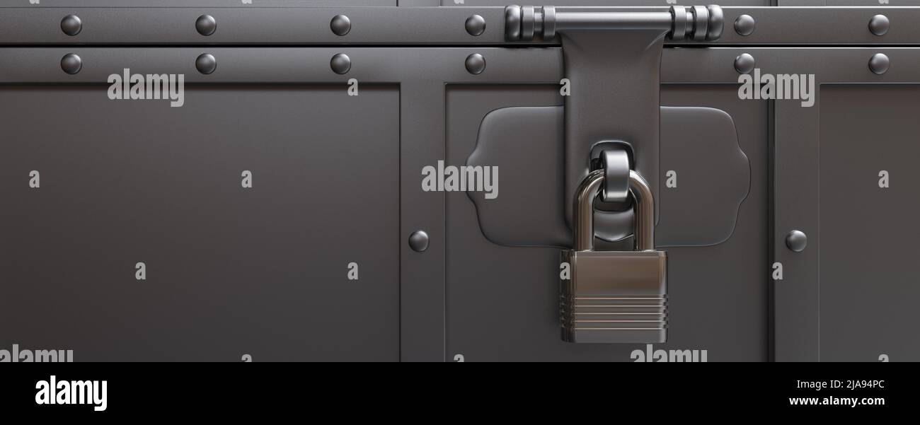 Old white pirate trunk closed and locked. Treasure chest padlock close