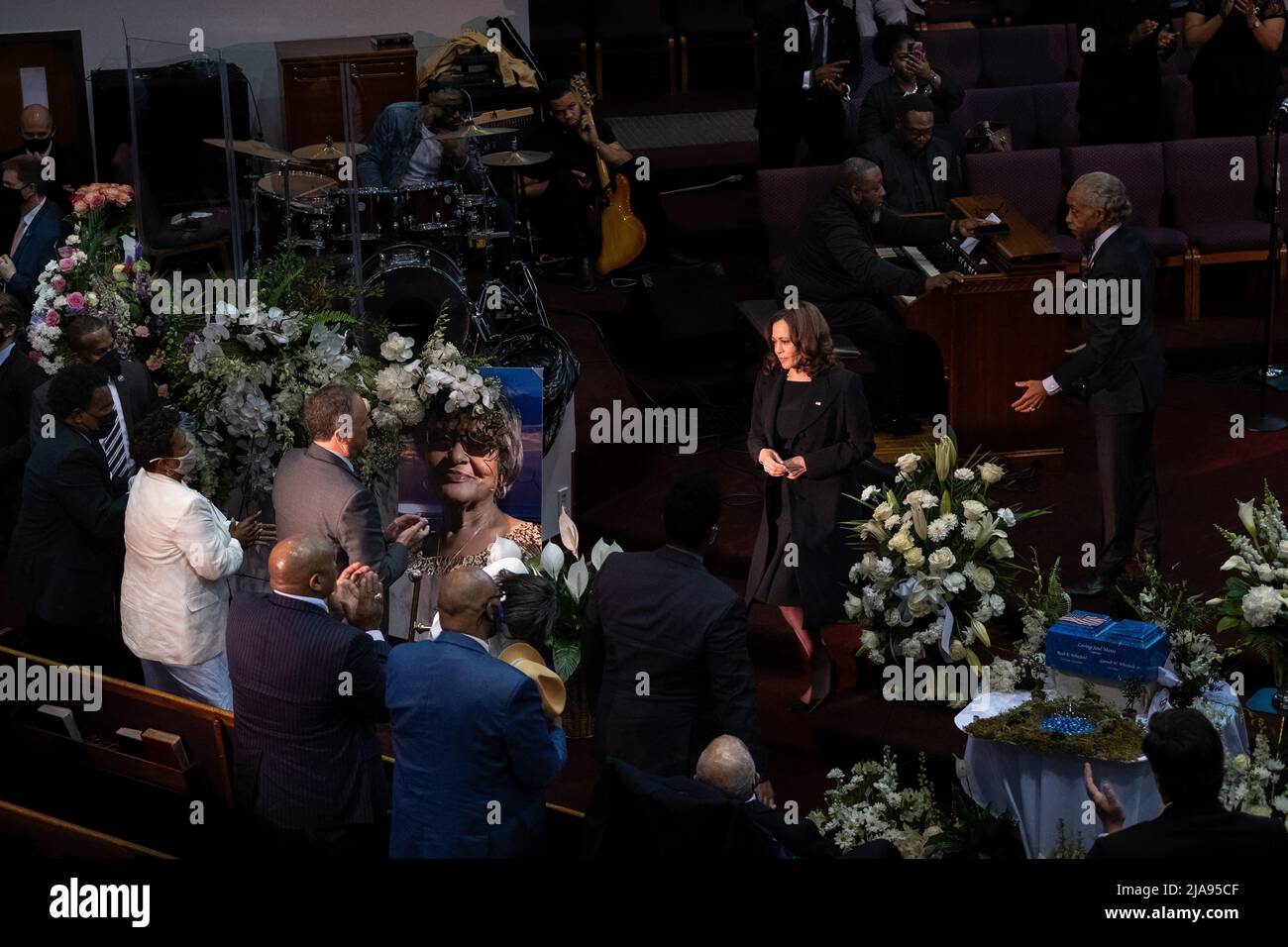 US Vice President Kamala Harris is seen here walking back to her seat after talking to people in attendance of Ruth Whitfield whom was one of the victimns of the racially motivated attack that happened on May 14th in Buffalo, NY, USA. Photo by Malik Rainey/Pool/ABACAPRESS.COM Stock Photo