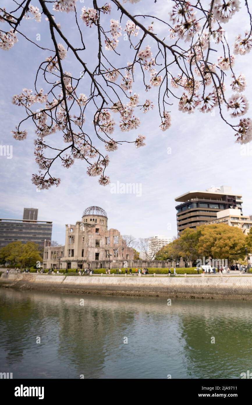 Motoyasu-gawa River, cherry blossom, and the Atomic Bomb Dome, Hiroshima City, Western Honshu, Japan Stock Photo