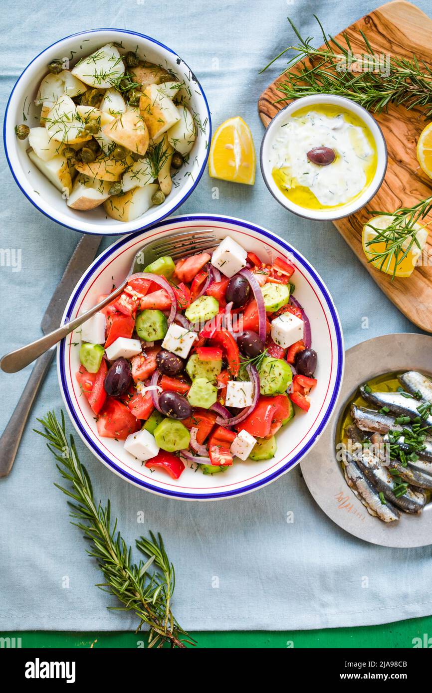 Greek food table scene, top view . Variety of items including greece