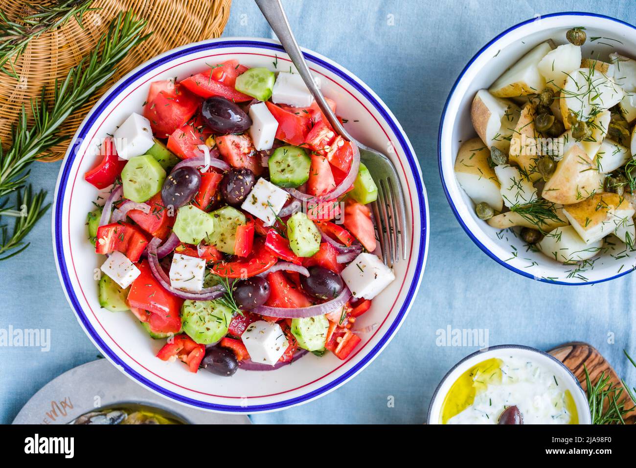 Greek food table scene, top view . Variety of items including greece