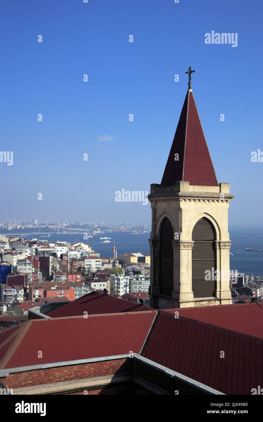 View from The Rooftop Bar of 360 Istanbul Restaurant, showing The Church of St Anthony, Bosphorus Strait and Sea of Marmara. Istanbul, Turkey Stock Photo
